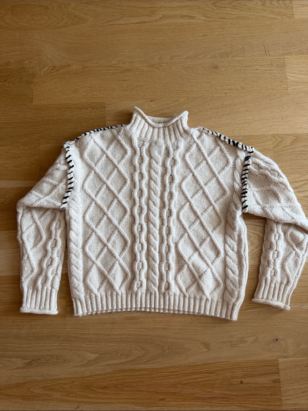 bobeau Cream Cable Knit Turtleneck with Black Contrast Trim